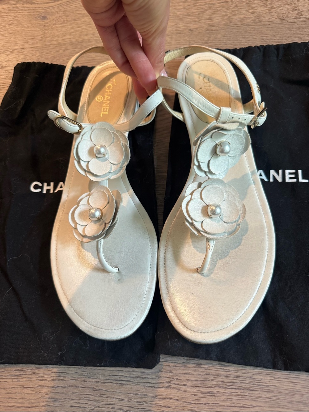 CHANEL Cream Camellia Pearl T-Strap Sandals size 11 / 42C